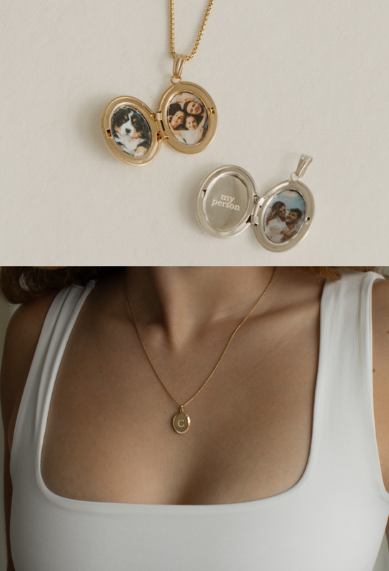 Two photos side by side. One of a model wearing a gold oval locket and one of two lockets, gold and silver, in a flat lay open to show the photos inside.